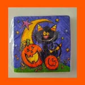 VTG 90s Halloween Black Cat Jack-o-Lantern Cocktail Party Napkins 24 Count NIP
